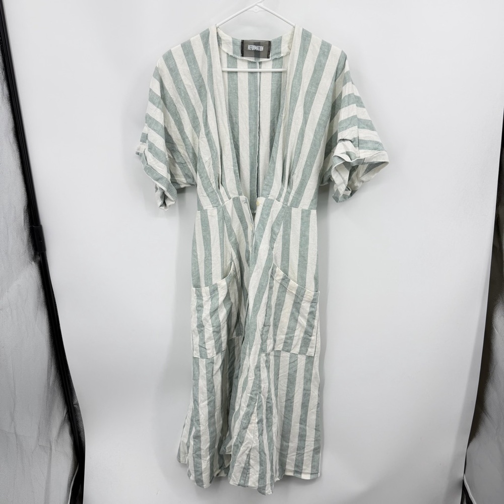Reformation Women's Bayu linen dress green and white striped sz 2 no belt